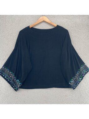 Morgan Cole Top Womens Medium Black Traveler Knit Beaded 3/4 Kimono Sleeve Tunic